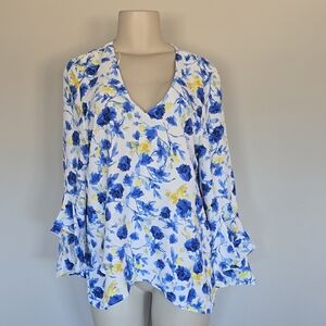 Vince Camuto white/clue floral bell sleeves blouse-L